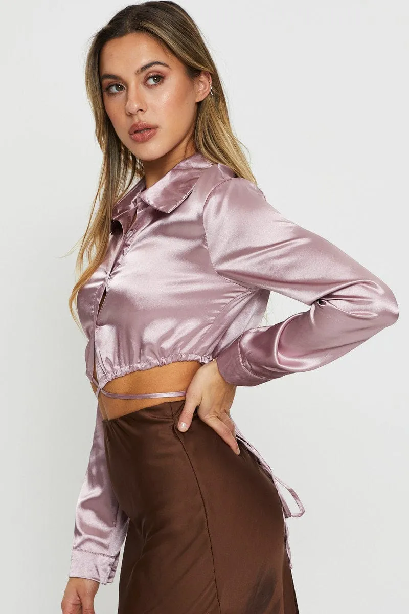Pink Wrap Blouse Long Sleeve Collared Satin sold by Ally Fashion product image thumbnail 4