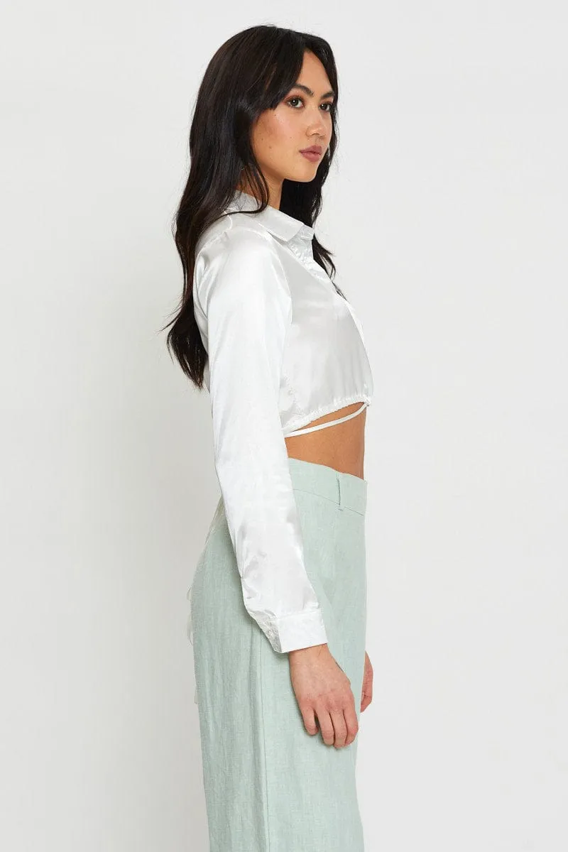White Wrap Blouse Long Sleeve Collared Satin sold by Ally Fashion product image thumbnail 4