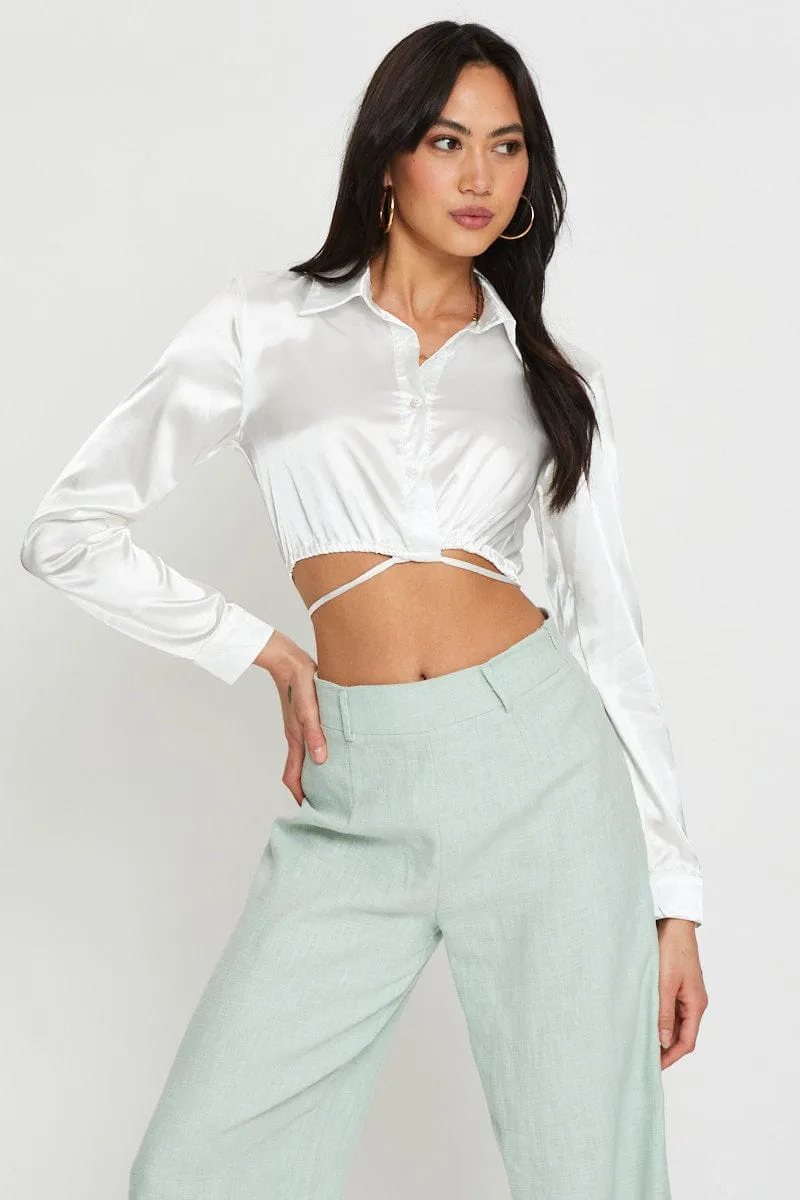 White Wrap Blouse Long Sleeve Collared Satin sold by Ally Fashion