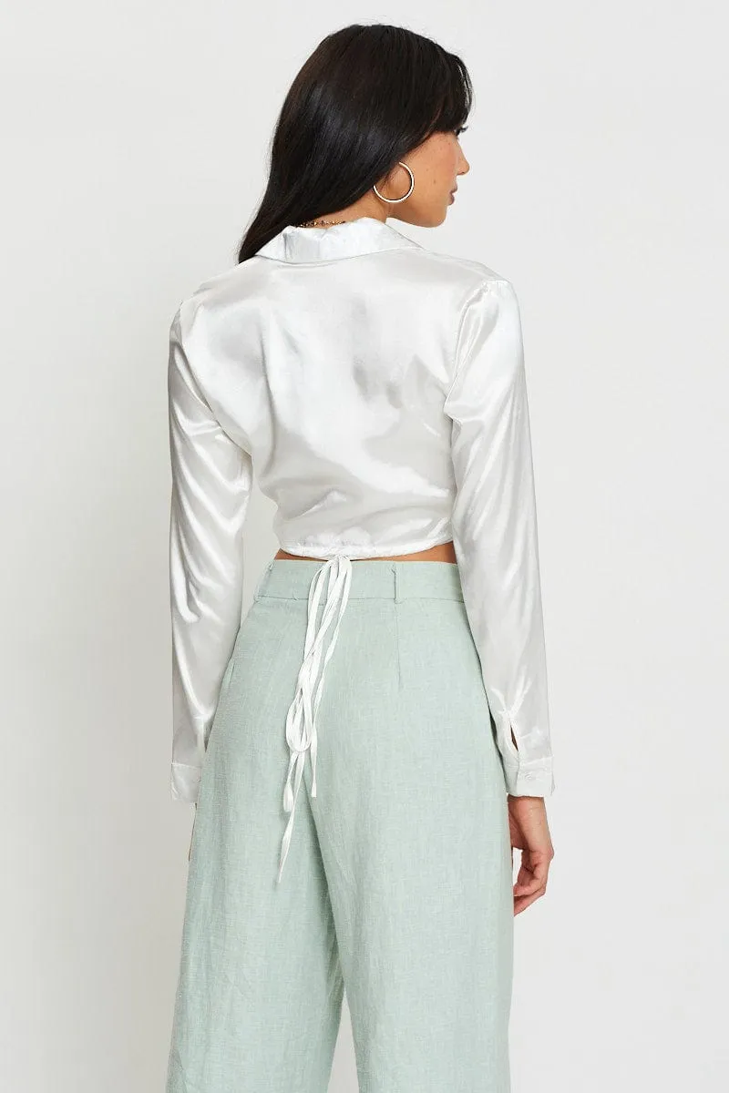 White Wrap Blouse Long Sleeve Collared Satin sold by Ally Fashion product image thumbnail 5