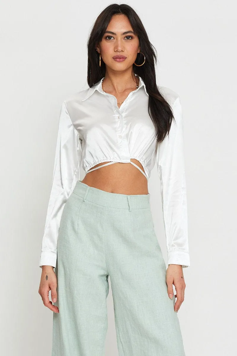 White Wrap Blouse Long Sleeve Collared Satin sold by Ally Fashion product image thumbnail 3