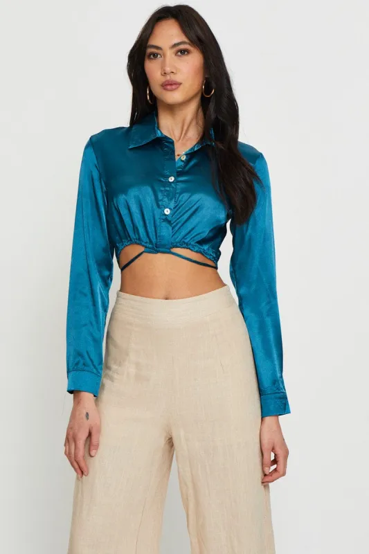 Blue Wrap Blouse Long Sleeve Collared Satin sold by Ally Fashion