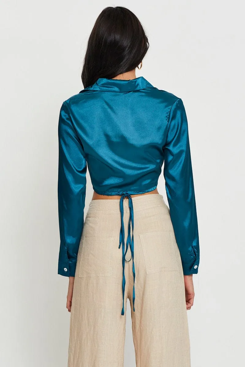 Blue Wrap Blouse Long Sleeve Collared Satin sold by Ally Fashion product image thumbnail 5