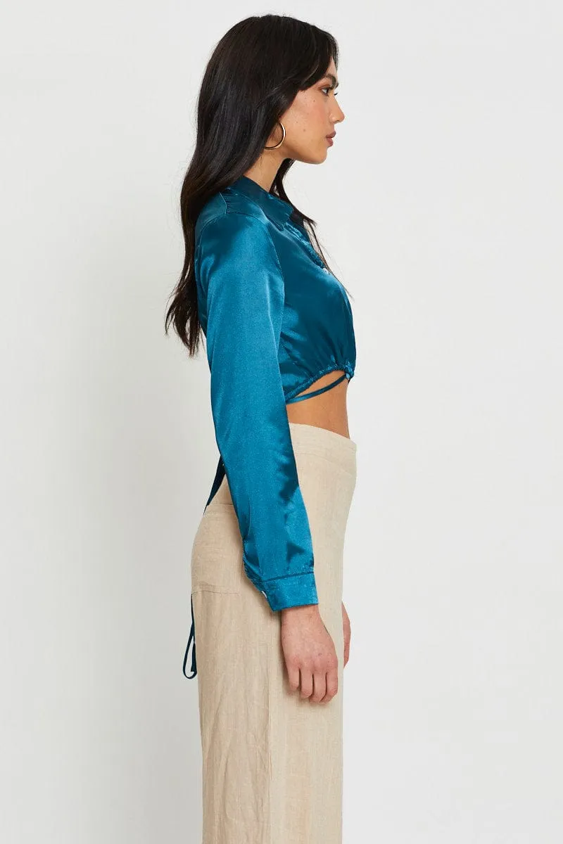 Blue Wrap Blouse Long Sleeve Collared Satin sold by Ally Fashion product image thumbnail 4