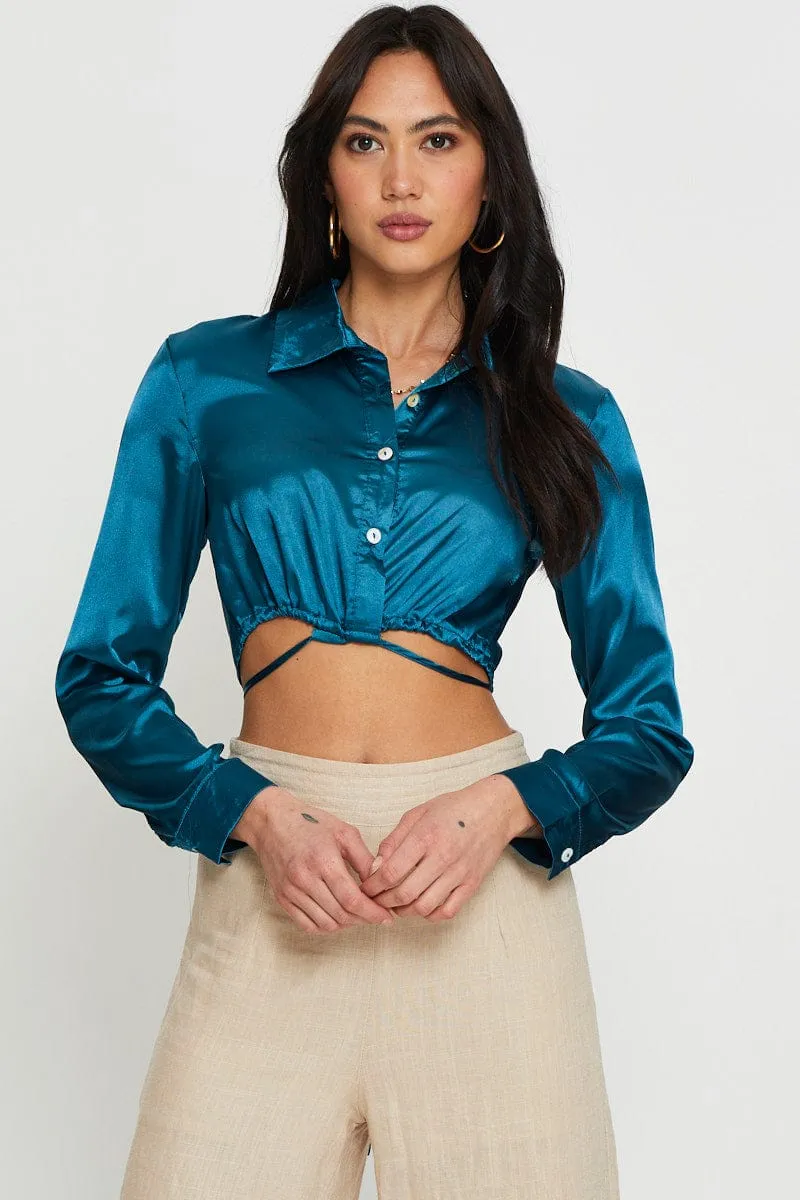 Blue Wrap Blouse Long Sleeve Collared Satin sold by Ally Fashion product image thumbnail 3