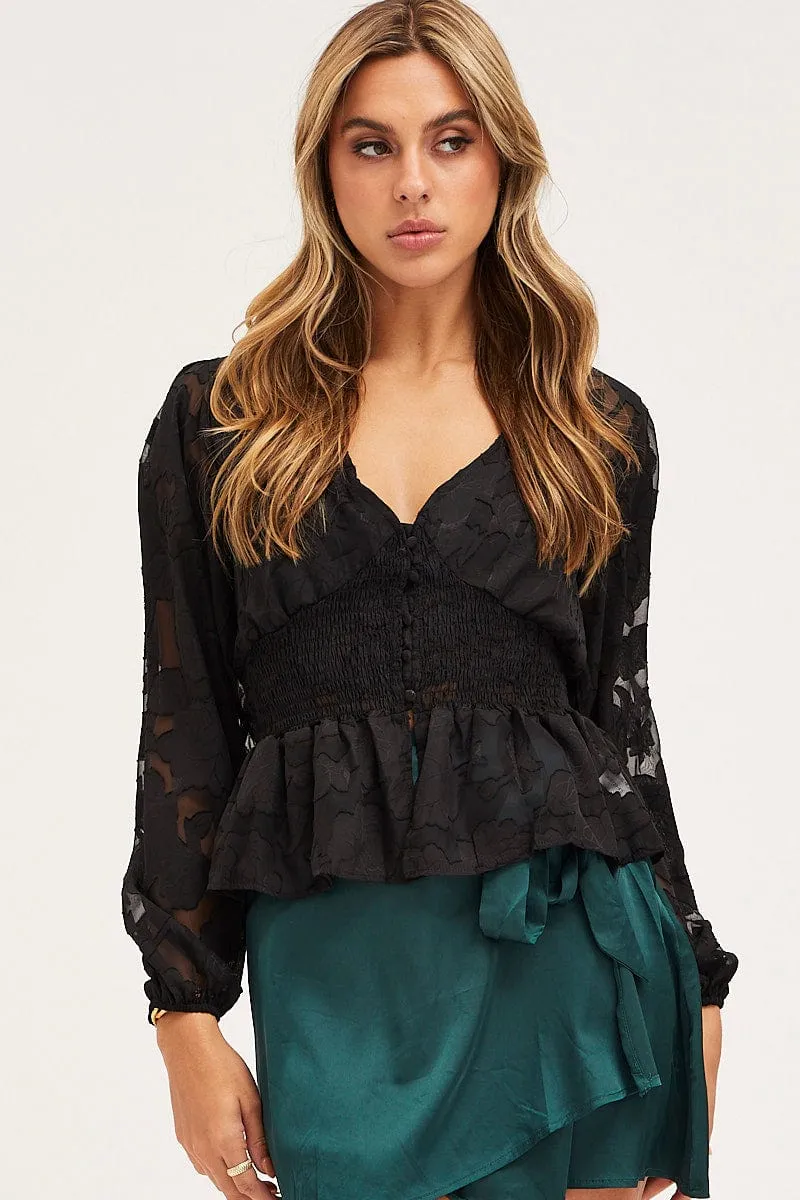 Black Peplum Top Long Sleeve V-Neck sold by Ally Fashion product image thumbnail 3