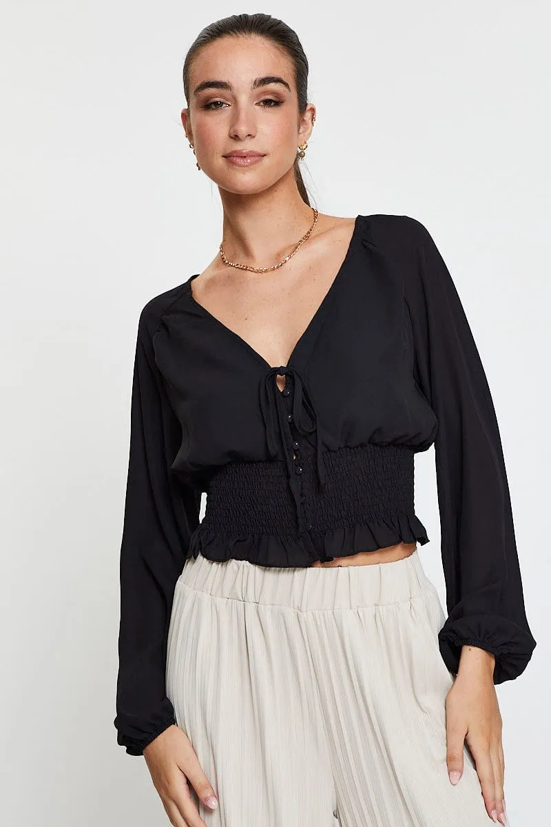 Black Crop Top Long Sleeve V-Neck sold by Ally Fashion