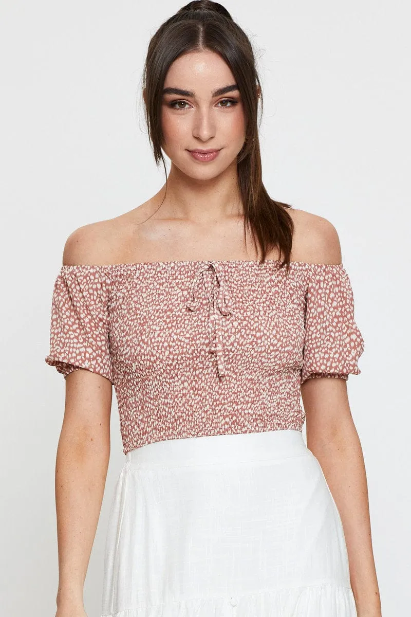 Geo Print Puff Sleeve Top Short Sleeve Crop Off Shoulder sold by Ally Fashion