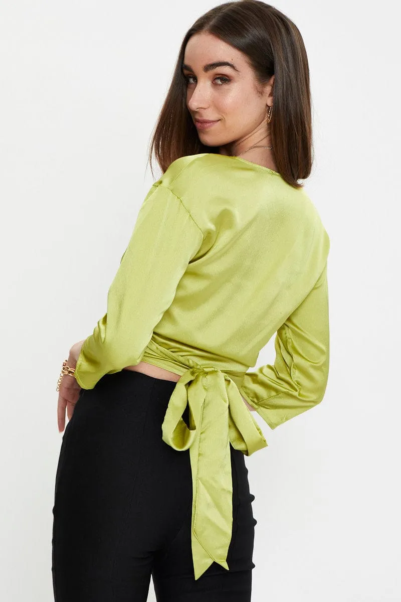 Green 3/4 Sleeve Satin Tie Up Top sold by Ally Fashion product image thumbnail 2