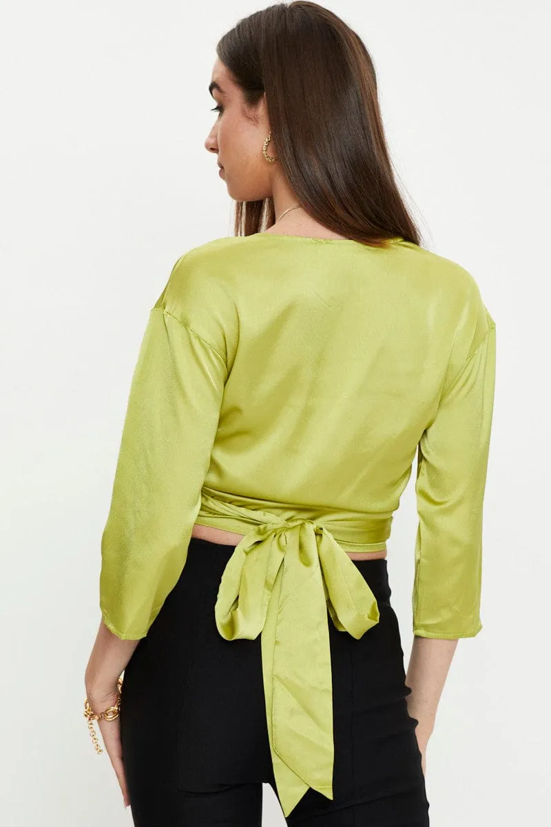 Green 3/4 Sleeve Satin Tie Up Top sold by Ally Fashion product image thumbnail 5