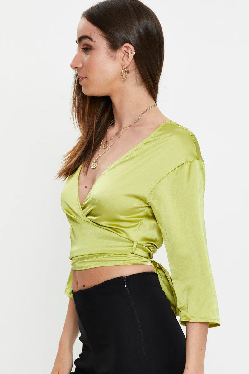 Green 3/4 Sleeve Satin Tie Up Top sold by Ally Fashion product image thumbnail 4