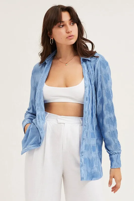 Blue Long Sleeve Plisse Shirt sold by Ally Fashion