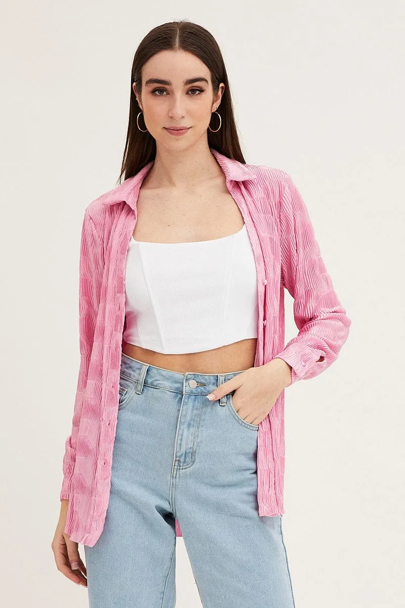 Pink Long Sleeve Plisse Shirt sold by Ally Fashion product image thumbnail 3