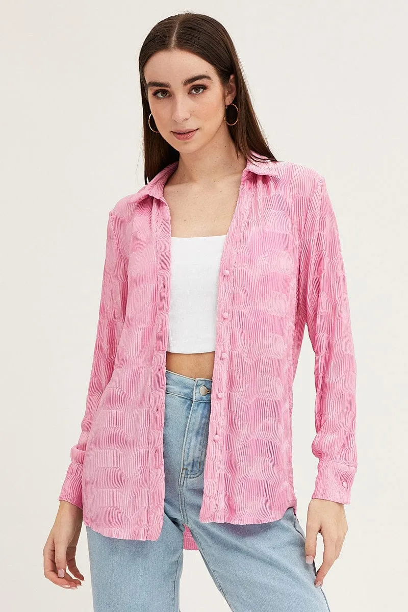 Pink Long Sleeve Plisse Shirt sold by Ally Fashion