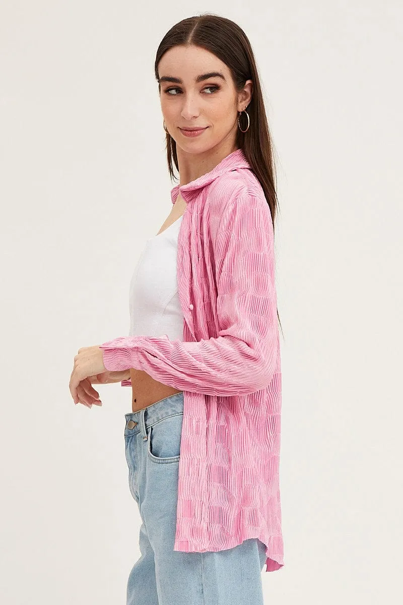 Pink Long Sleeve Plisse Shirt sold by Ally Fashion product image thumbnail 4