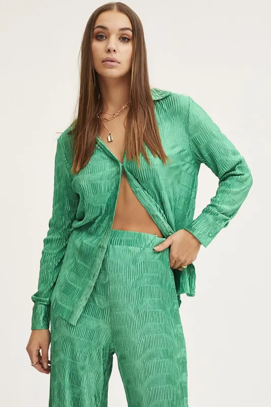 Green Plisse Shirts Long Sleeve sold by Ally Fashion