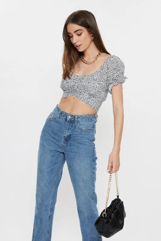 Polka Dot Short Sleeve Ruched Crop Top sold by Ally Fashion