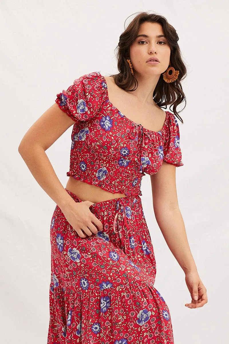 Boho Print Square Neck Puff Sleeve Crop Top sold by Ally Fashion