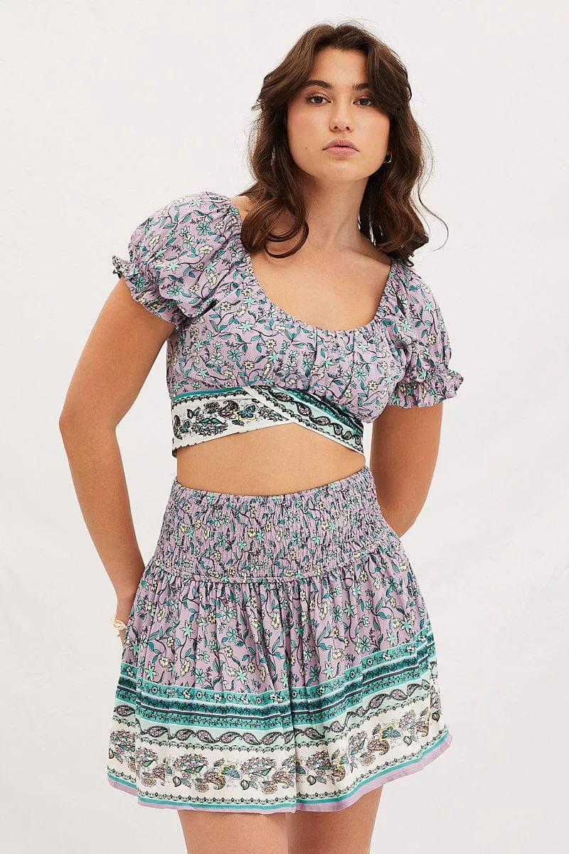 Boho Print Round Neck Puff Sleeve Crop Top sold by Ally Fashion