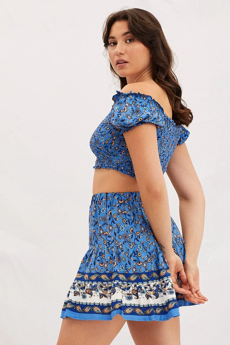 Boho Print Square Neck Puff Sleeve Shirred Crop Top sold by Ally Fashion product image thumbnail 4