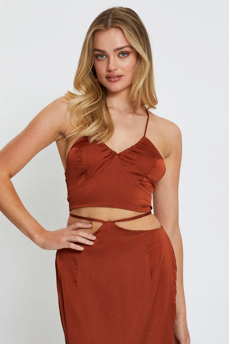 Brown Cami Top Halter Satin sold by Ally Fashion