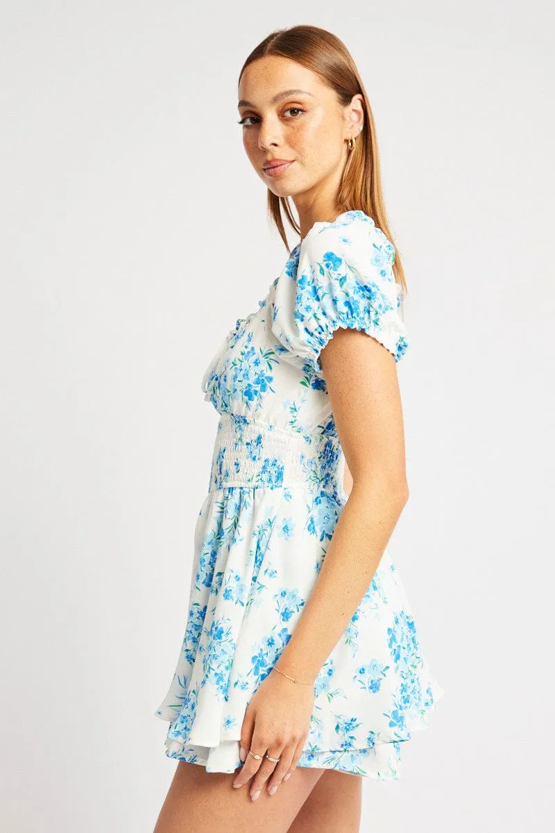 Blue Floral Ruffle Playsuit Short Sleeve Ruched Bust sold by Ally Fashion product image thumbnail 4
