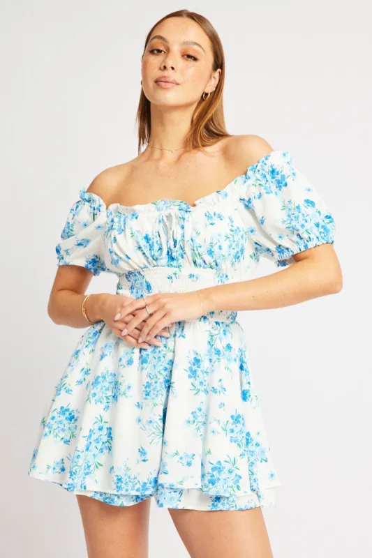 Blue Floral Ruffle Playsuit Short Sleeve Ruched Bust sold by Ally Fashion