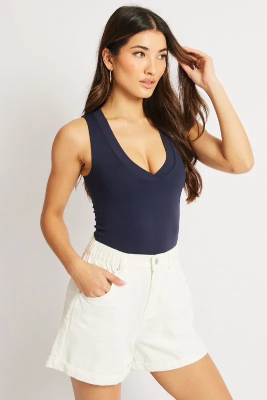 Blue Supersoft Bodysuit Sleeveless V Neck sold by Ally Fashion