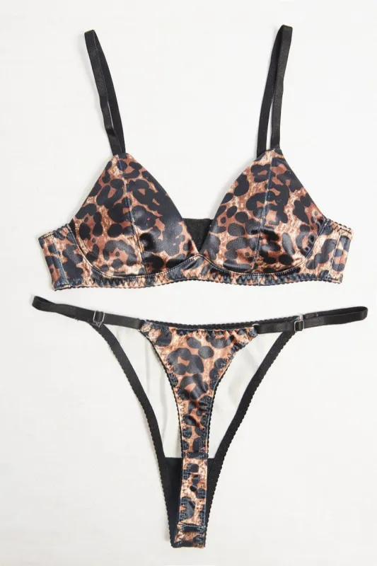 Brown Animal Print Satin Lingerie Set sold by Ally Fashion