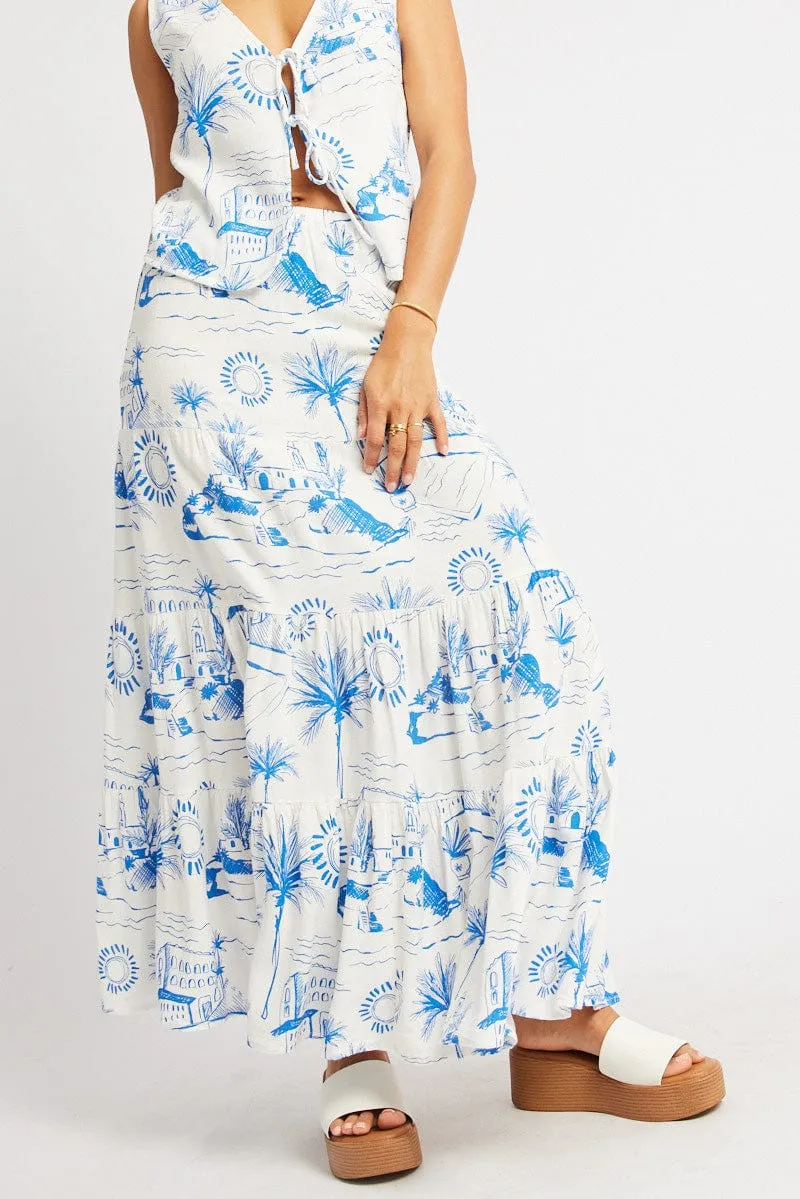 Blue Abstract Maxi Skirt Tiered High Rise Elastic Waistband sold by Ally Fashion