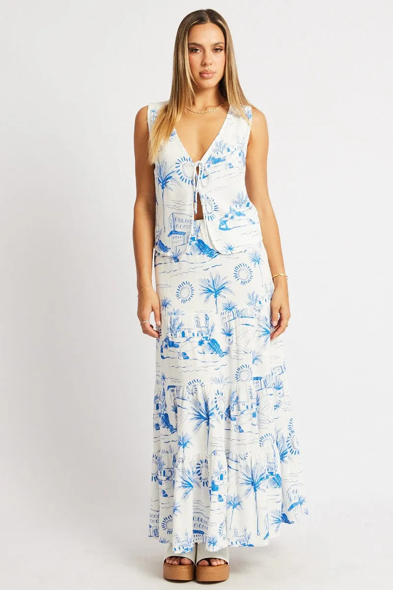 Blue Abstract Maxi Skirt Tiered High Rise Elastic Waistband sold by Ally Fashion product image thumbnail 2