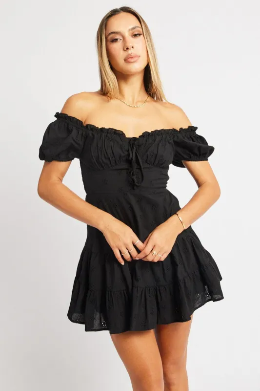 Black Fit And Flare Dress Short Sleeve Eyelet Fabric sold by Ally Fashion