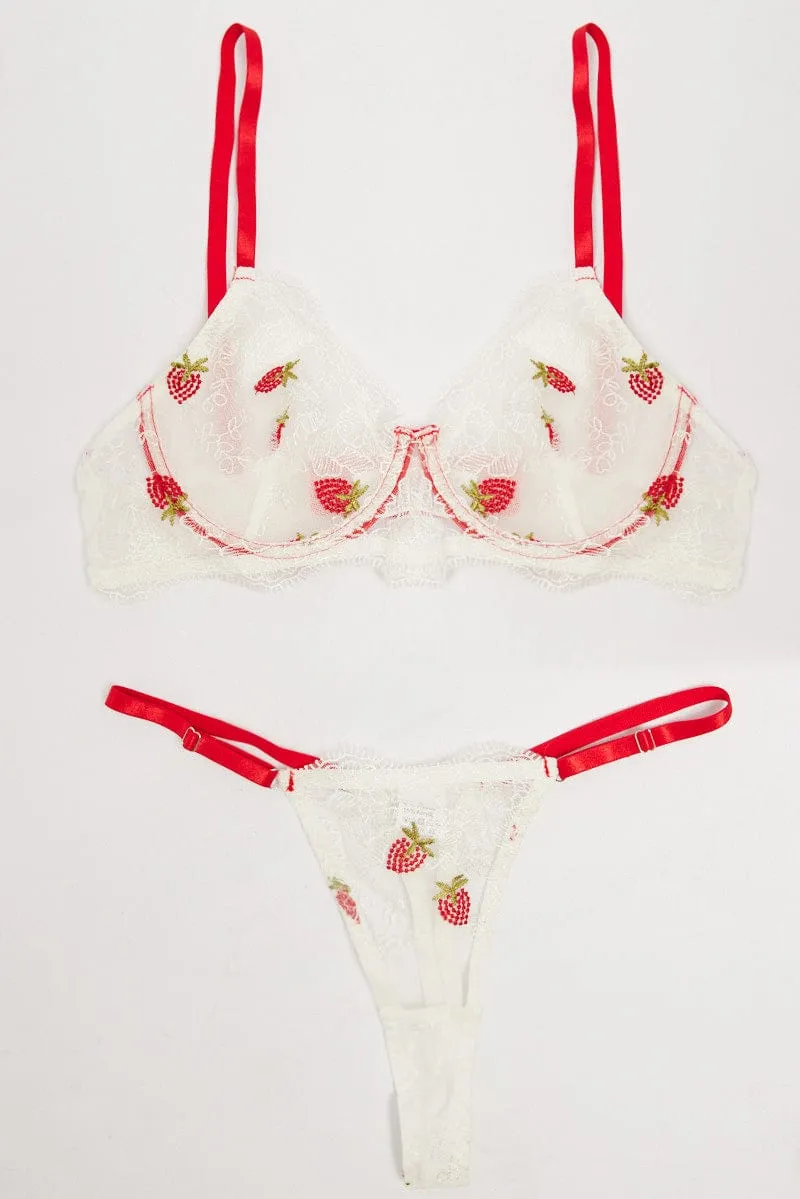 White Strawberry Embroidery Lingerie Set sold by Ally Fashion