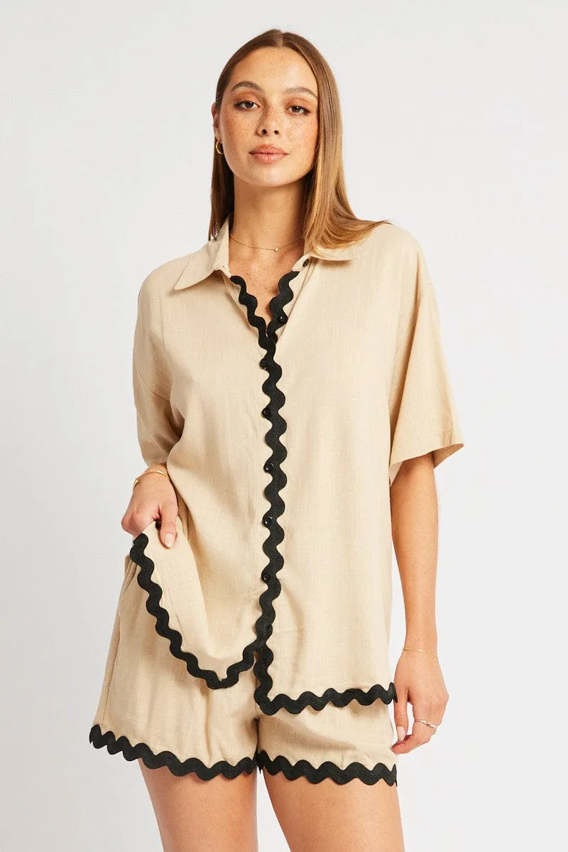 Beige Relaxed Shirt Short Sleeve Ric Rac sold by Ally Fashion
