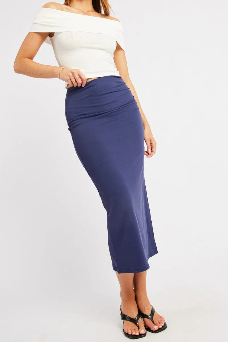 Blue Midaxi Skirt High Rise Ruched Lined Supersoft sold by Ally Fashion