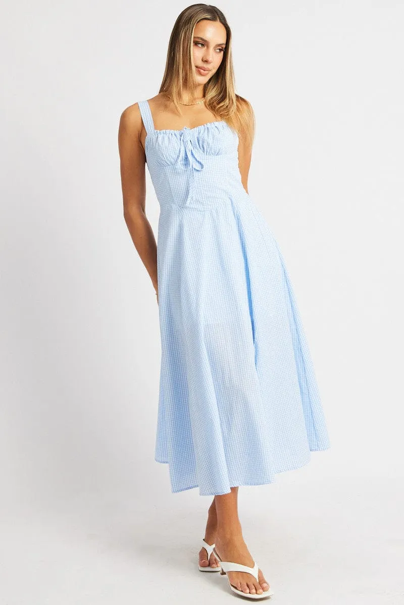 Blue Check Midi Dress Gathered Bust sold by Ally Fashion