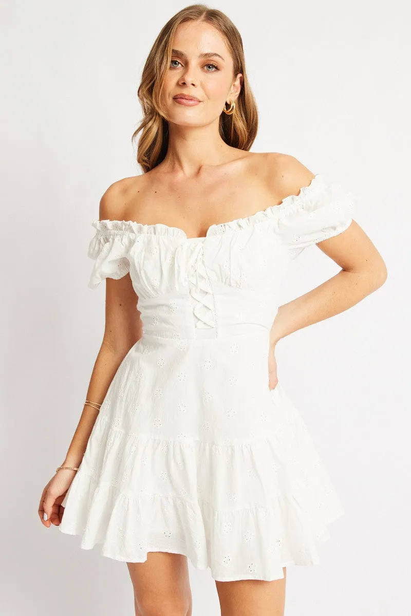 White Fit And Flare Dress Short Sleeve Eyelet Fabric sold by Ally Fashion