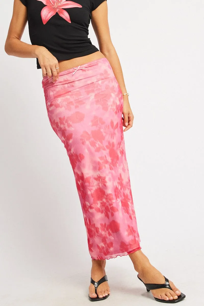 Pink Floral Mesh Skirt Elasticated Picot Trim Midaxi sold by Ally Fashion product image thumbnail 2