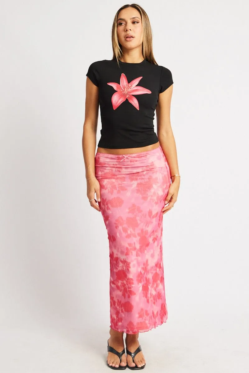 Pink Floral Mesh Skirt Elasticated Picot Trim Midaxi sold by Ally Fashion product image thumbnail 3