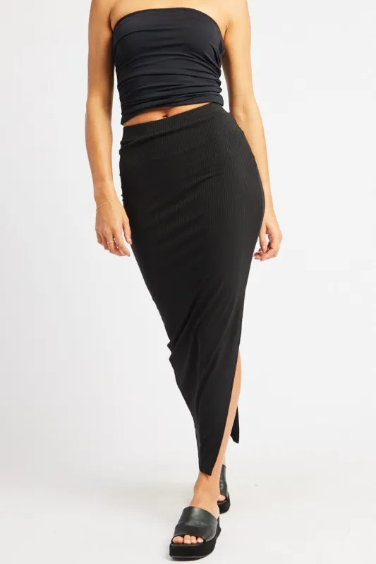 Black Midi Skirt High Rise Rib Jersey sold by Ally Fashion