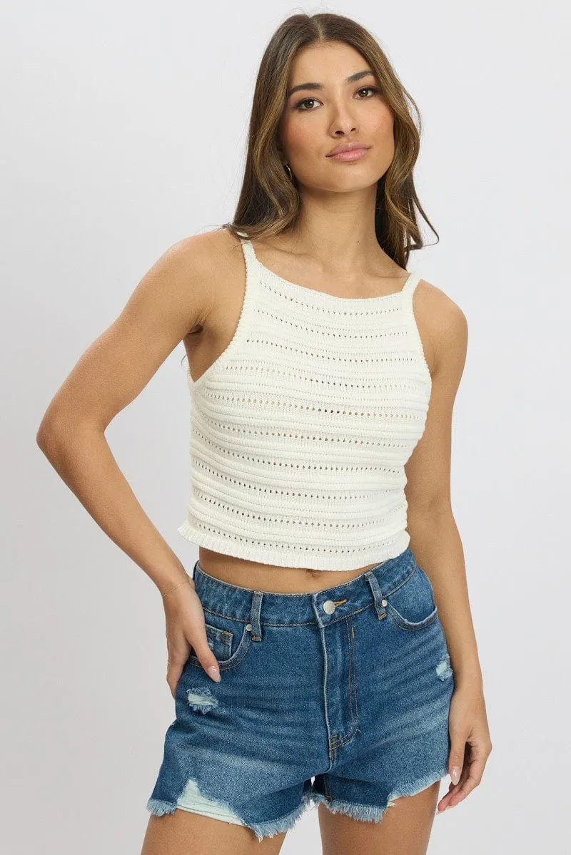 White Crochet Knit Tank Top sold by Ally Fashion