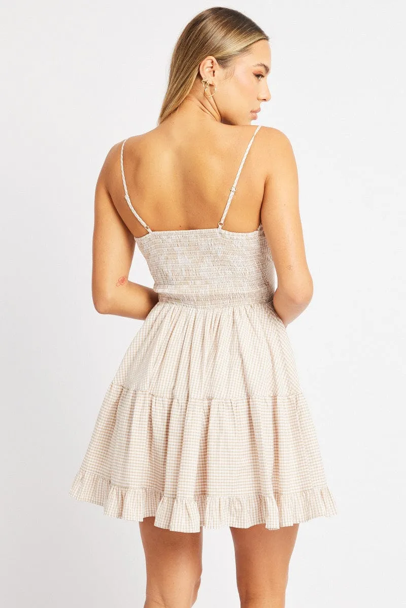 Beige Check Fit and Flare Dress Sleeveless Tiered sold by Ally Fashion product image thumbnail 5