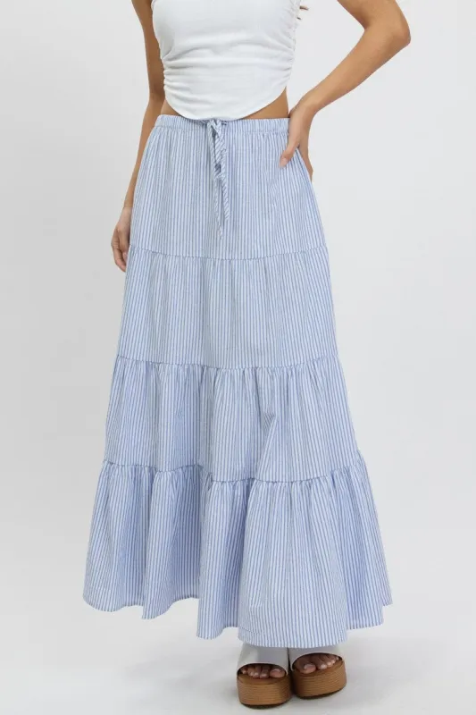 Blue Stripe Maxi Skirt Tiered High Rise Elastic Waistband sold by Ally Fashion