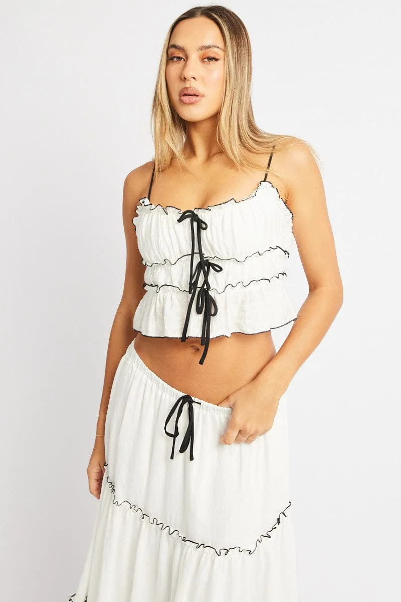 White Tiered Cami Top Sleeveless Front Ribbon sold by Ally Fashion