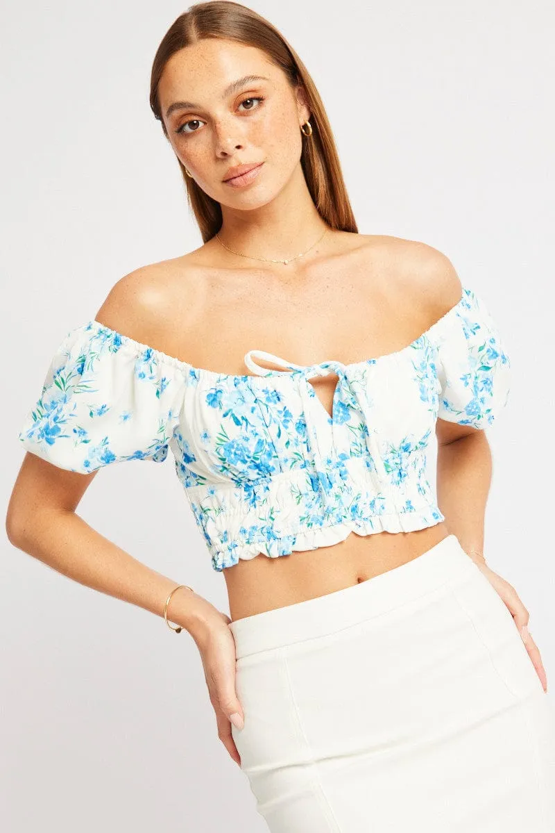 Blue Ditsy Crop Top Short Sleeve Shirred Waist sold by Ally Fashion