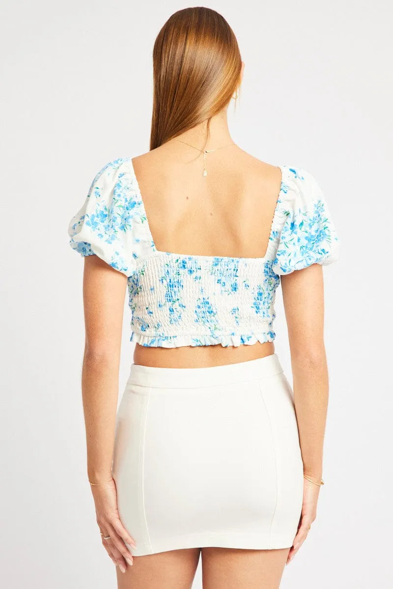 Blue Ditsy Crop Top Short Sleeve Shirred Waist sold by Ally Fashion product image thumbnail 5