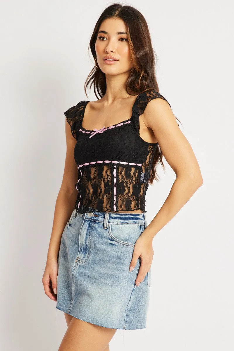 Black Lace Top Sleeveless Ribbon Trim sold by Ally Fashion product image thumbnail 4