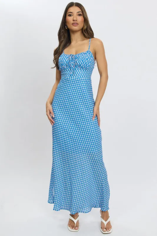 Blue Check Midi Dress Gathering Bust Sleeveless sold by Ally Fashion