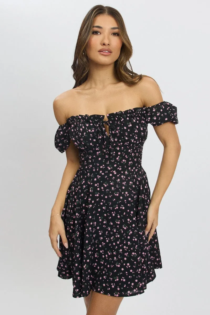 Black Ditsy Fit And Flare Dress Mini sold by Ally Fashion