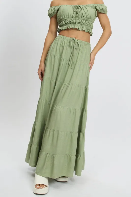 Green Maxi Skirt Tiered High Rise sold by Ally Fashion